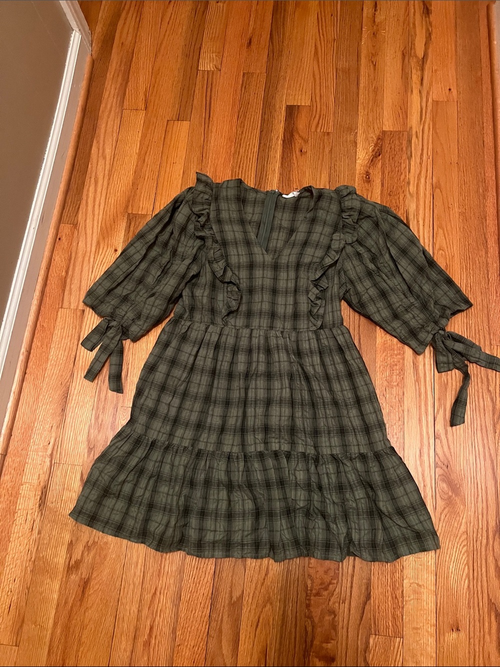 Olive Green Plaid Ruffle Casual Dress